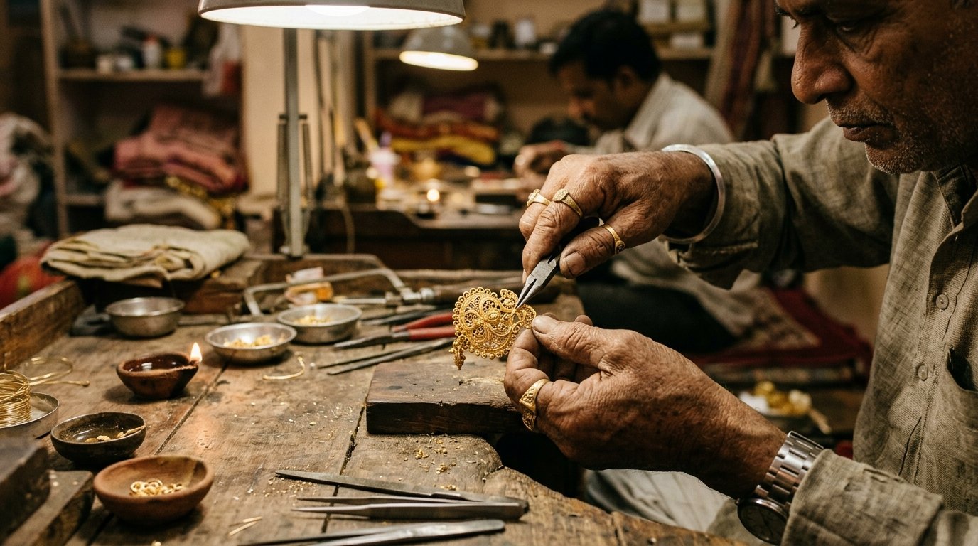 Master goldsmith hand-crafting 22K gold jewellery in atelier